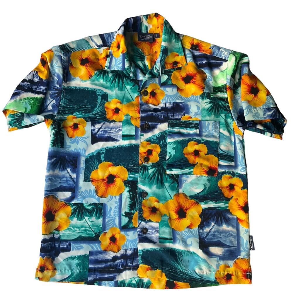 Sideout Boy’s Short Sleeve Button Down Tropical Floral Shirt size S, Blue Orange